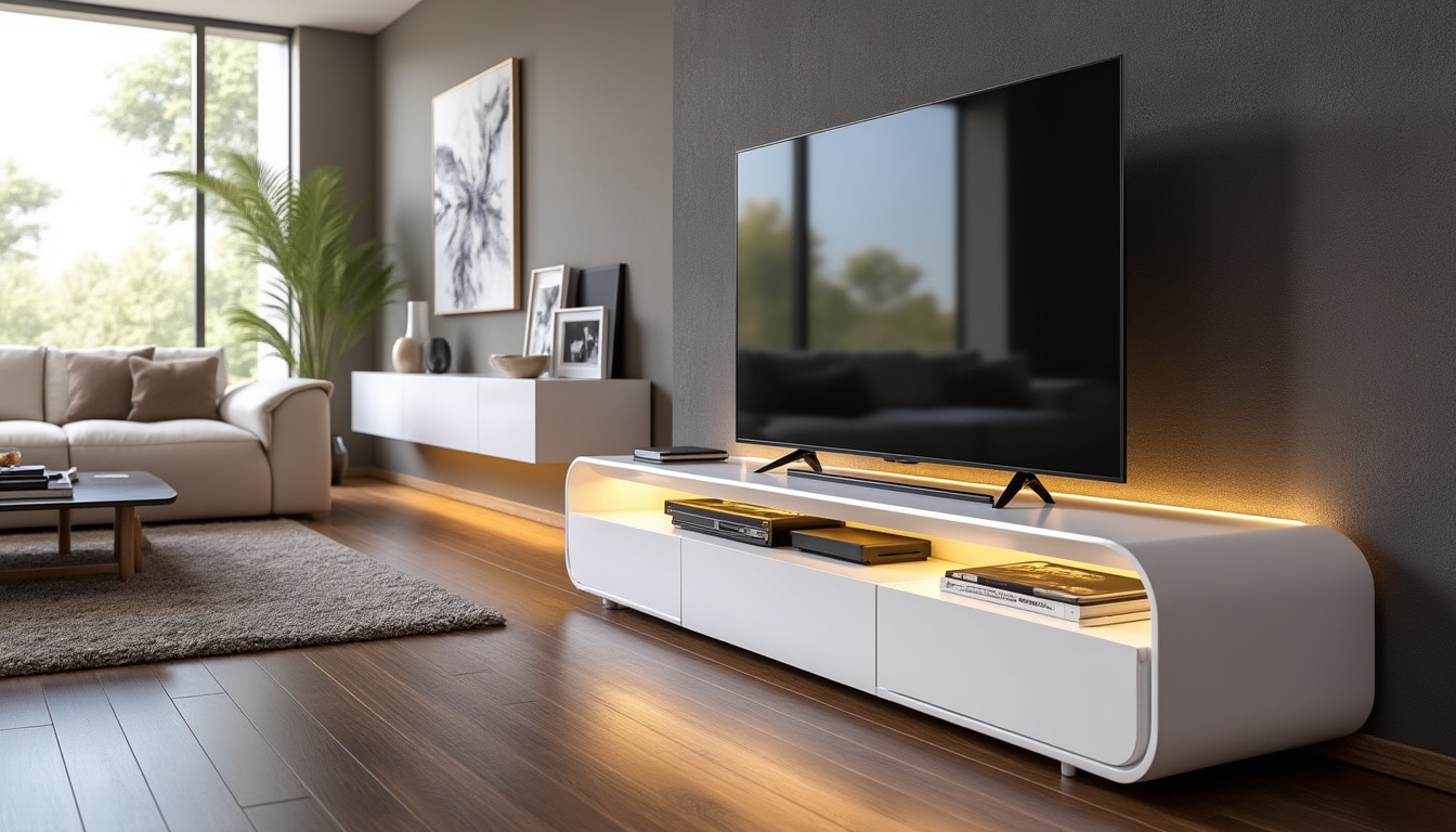 découvrez les avantages du meuble tv à led multicouleurs blanc laqué horizon, alliant esthétisme moderne et praticité optimale. idéal pour sublimer votre espace de vie, ce meuble est une fusion parfaite entre design contemporain et fonctionnalité, créant une ambiance chaleureuse et accueillante.