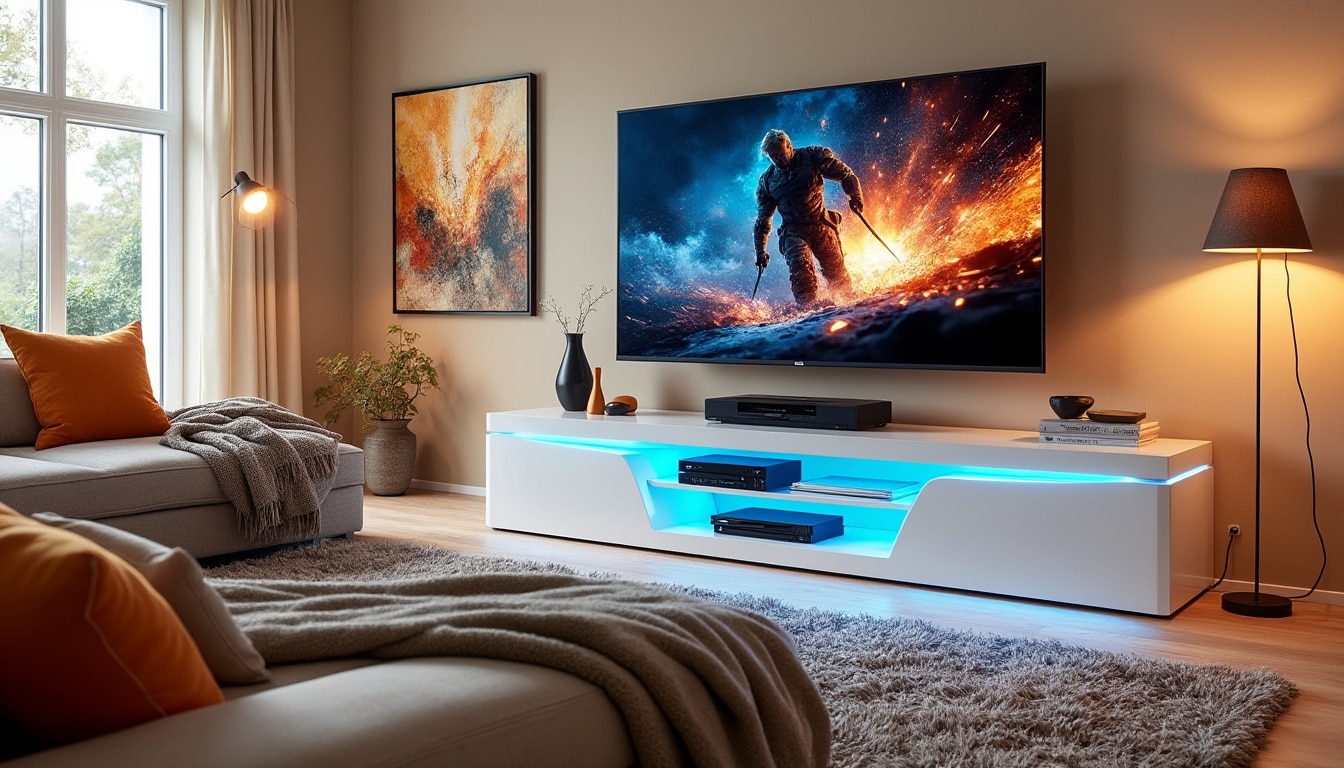 découvrez les multiples avantages du meuble tv à led multicouleurs blanc laqué horizon. alliant esthétisme moderne et praticité, il illumine votre espace tout en offrant un rangement optimal pour vos appareils. transformez votre salon en un lieu chic et fonctionnel avec ce meuble tendance.