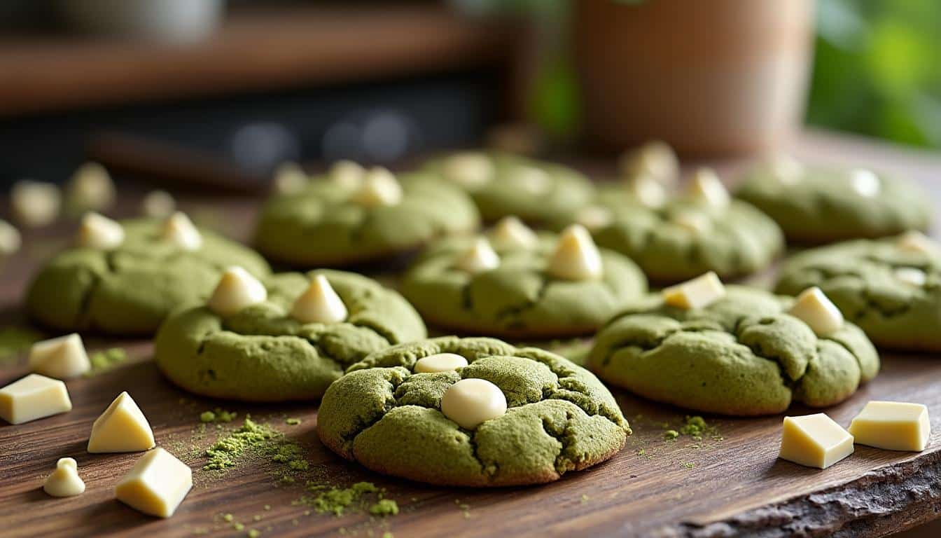 découvrez nos délicieux cookies au matcha et chocolat blanc, une alliance parfaite entre la douceur du chocolat et l'originalité du thé matcha. idéals pour un goûter raffiné ou un dessert novateur, ces cookies sauront séduire vos papilles et égayer vos convives.