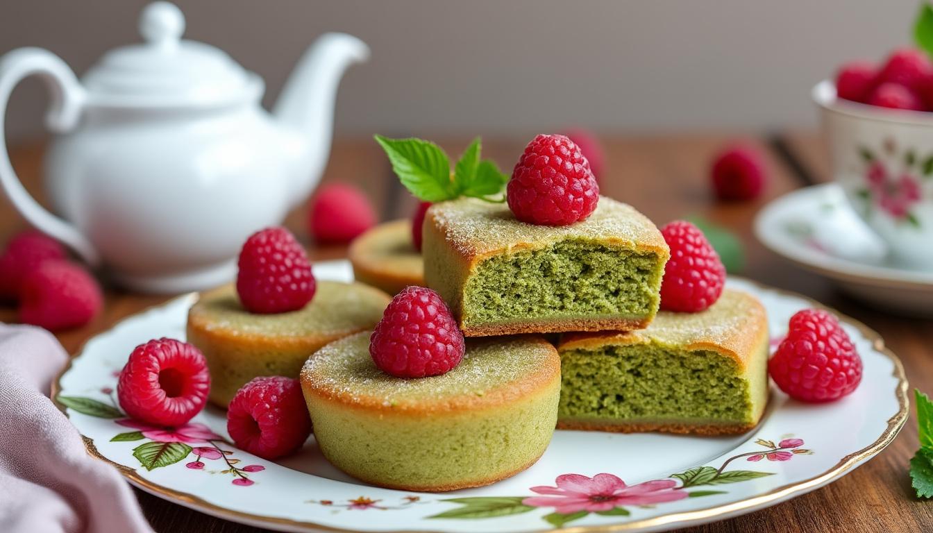 découvrez notre financier au thé matcha et framboise, une délicieuse pâtisserie à savourer lors de votre goûter. parfaitement moelleux et alliant la douceur des framboises à la richesse du thé matcha, ce dessert est une véritable invitation à un moment de gourmandise lors de votre pause thé l'après-midi.