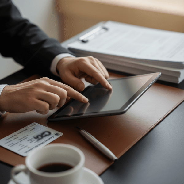 Professionnel automobile utilisant tablette pour gestion administrative digitale avec documents véhicules