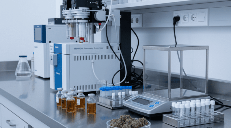 Technicien manipulant échantillons CBD en fioles pour analyse chromatographique de cannabinoïdes