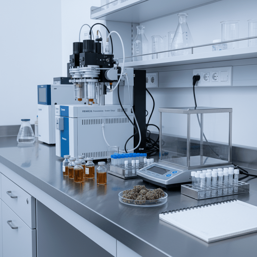 Technicien manipulant échantillons CBD en fioles pour analyse chromatographique de cannabinoïdes