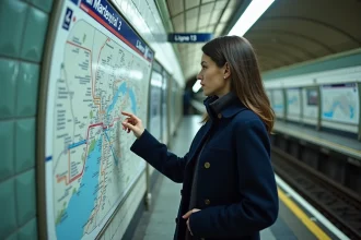 Femme consultant le plan de la ligne 13 du métro parisien sur un quai de station avec carrelage blanc et signalétique verte