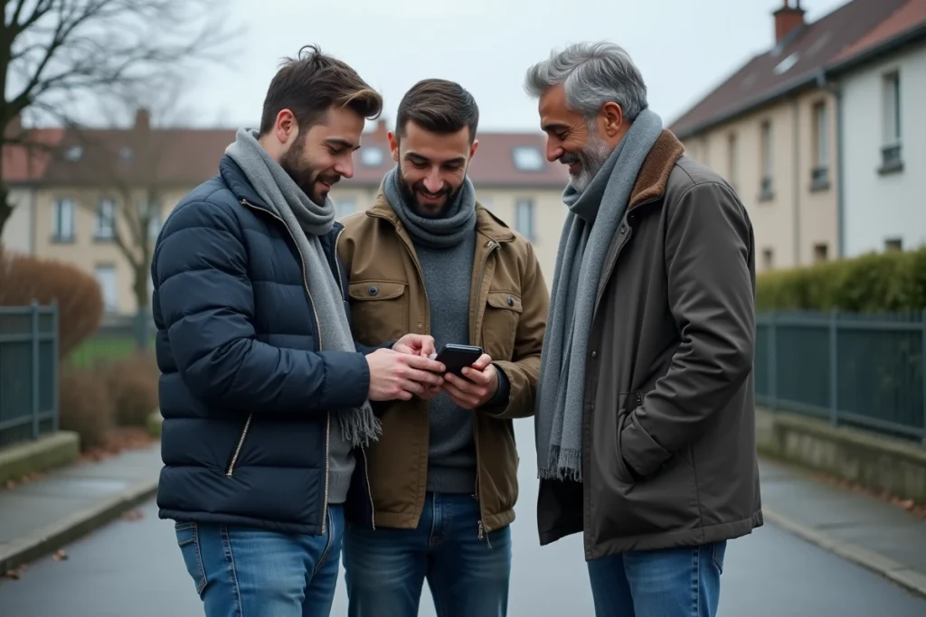 Groupe d'hommes consultant les horaires de prière sur smartphone devant une mosquée à Argenteuil