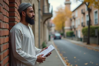 Homme devant une mosquée à Argenteuil tenant un horaire de prière