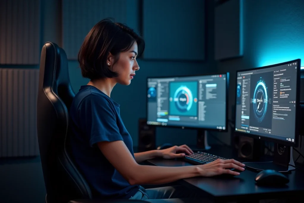 Femme ajustant les paramètres de performances d'un jeu PC devant un double écran avec overlay de monitoring