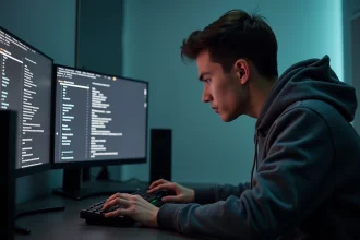 Homme configurant les paramètres graphiques d'un jeu PC sur un écran ultrawide pour optimiser les performances
