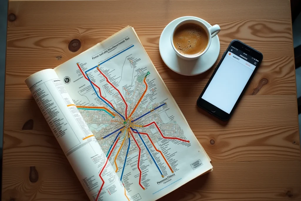 Plan du réseau métro et RER de Paris posé sur une table de café avec smartphone affichant l'application RATP