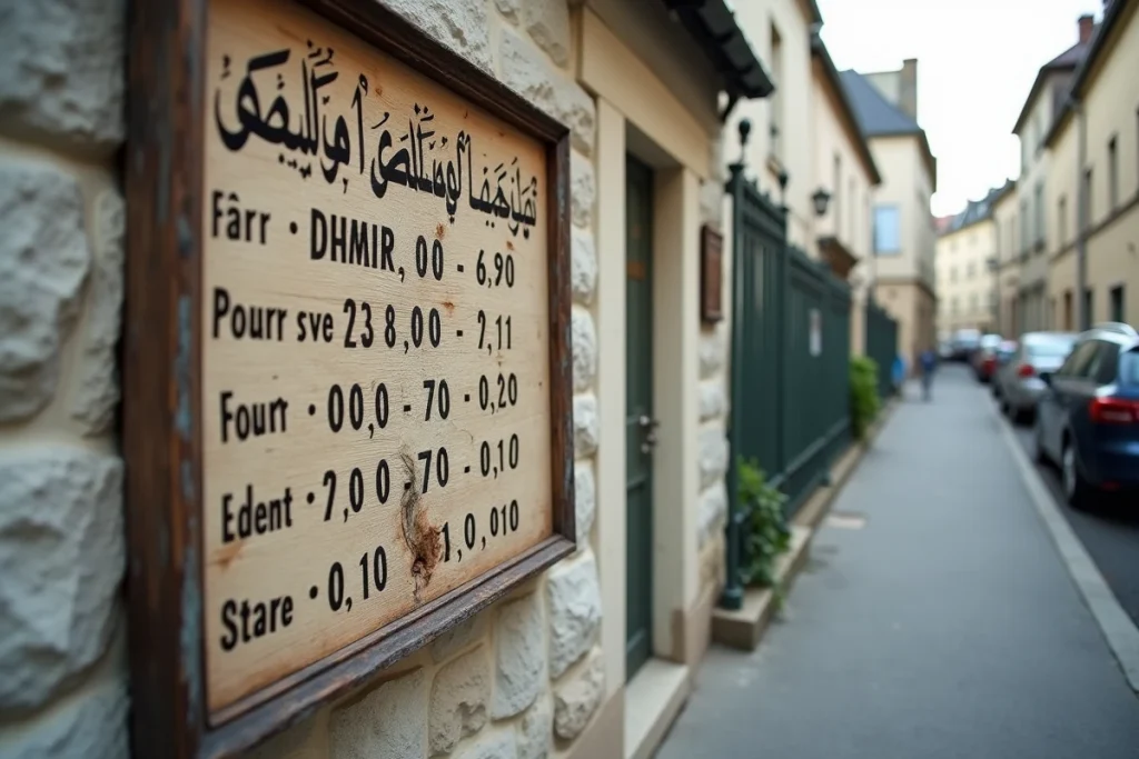 Tableau des horaires de prière affiché sur la façade d'une mosquée à Argenteuil