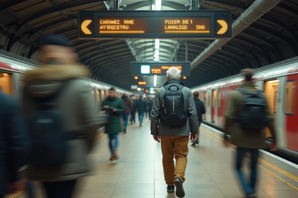 Voyageur consultant les correspondances RER et métro dans une grande station parisienne avec tableau de départs