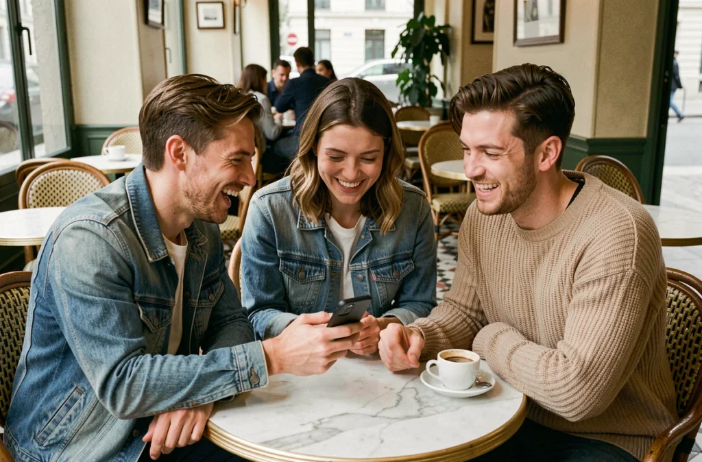Groupe d'amis français dans un café parisien regardant un mème viral sur un smartphone avec incompréhension et rires