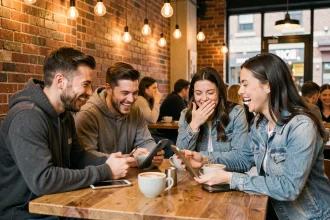 Groupe d'amis qui rient ensemble autour d'un café en regardant un jeu de mots sur un smartphone