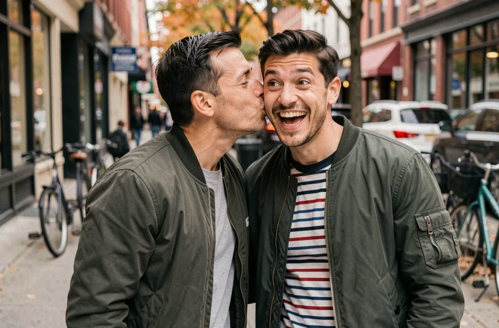 Deux amis dans la rue, l'un chuchotant un jeu de mots sur un prénom à l'autre qui éclate de rire