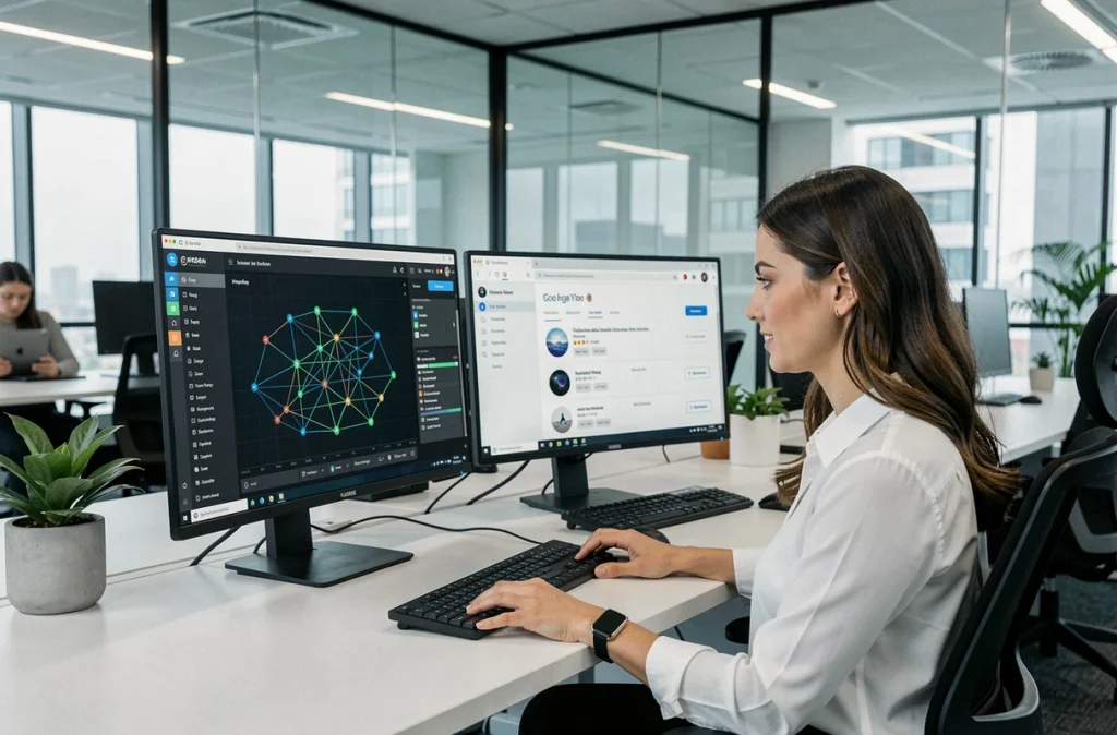 Femme analysant des résultats de scan réseau sur deux écrans dans un bureau professionnel