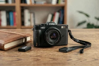 Appareil photo compact posé sur un bureau en bois avec accessoires, vue de dessus style flat-lay pour guide comparatif 2026