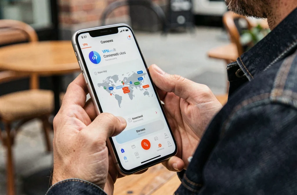 Gros plan sur un smartphone affichant une application VPN connectée dans un café urbain