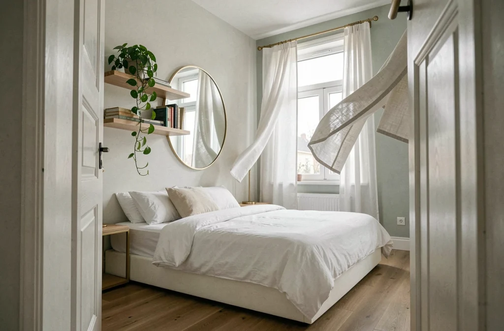 Chambre d'appartement lumineuse avec miroir rond en laiton, rideaux voile et plantes pour optimiser la clarté de la pièce