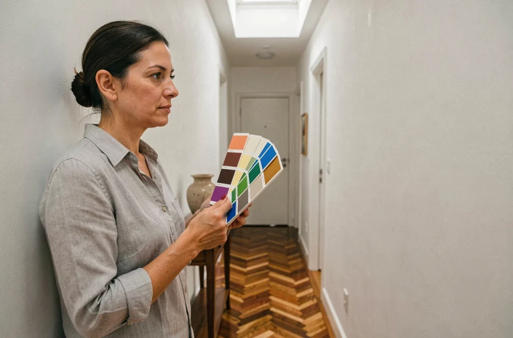 Femme choisissant une peinture blanche mate pour optimiser la luminosité d'un couloir d'appartement avec parquet en chevrons