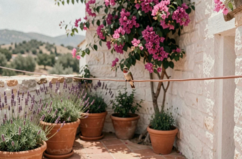Colibri perché sur un fil de cuivre d'une terrasse méditerranéenne entourée de lavande et de bougainvilliers en fleurs
