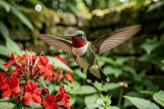 Colibri à gorge rubis en vol stationnaire devant des fleurs rouges dans un jardin botanique luxuriant, plumage irisé en gros plan