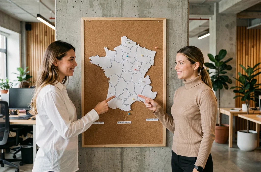 Deux femmes collaborant devant une carte de France imprimée épinglée sur un tableau en liège dans un bureau moderne