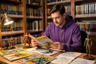Collectionneur de comics Marvel tenant un numéro vintage de Hawkeye entouré de figurines et de souvenirs Clint Barton