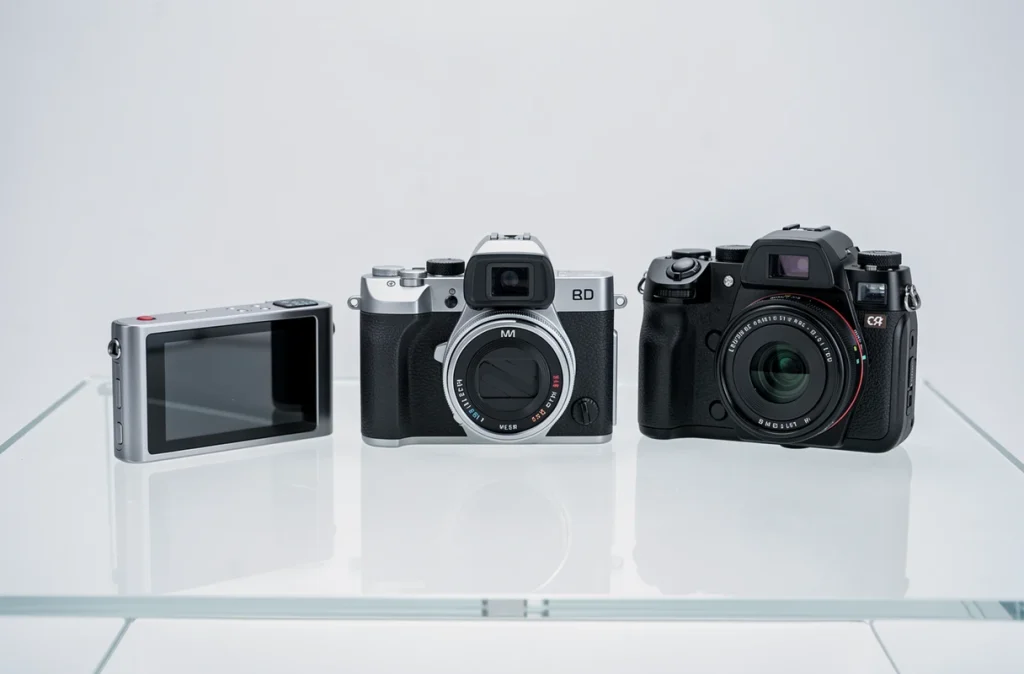 Comparatif de trois appareils photo compacts alignés sur fond blanc, différents formats et caractéristiques pour guide d'achat 2026