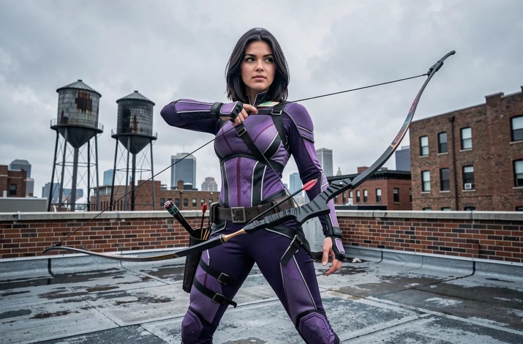 Cosplayeuse déguisée en Hawkeye Clint Barton sur un toit urbain évoquant l'univers Marvel Comics
