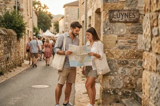 Couple consultant une carte papier à l'entrée du village de Luynes lors du festival 2026