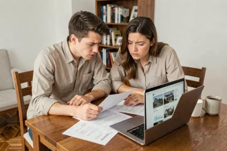 Jeune couple étudiant des documents immobiliers autour d'une table en bois pour préparer leur premier achat immobilier