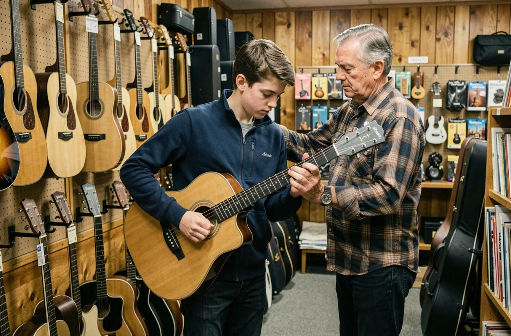 Adolescent débutant tenant une guitare Atlantic avec une mauvaise posture dans un magasin de musique, conseillé par un vendeur expérimenté