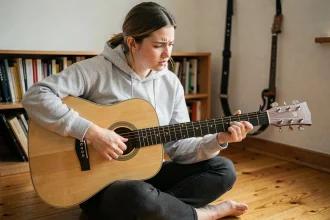 Jeune femme débutante tenant une guitare Atlantic acoustique avec une position incorrecte des doigts sur le manche, assise sur un plancher en bois dans une chambre cosy