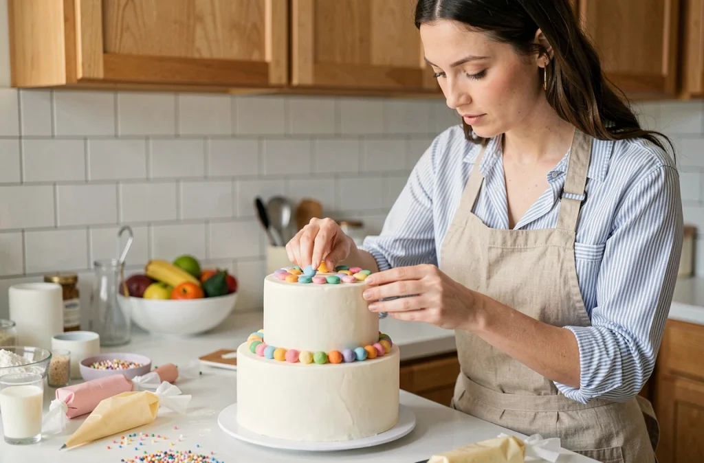 Maman décorant un gâteau d'anniversaire coloré dans la cuisine pour une fête maison
