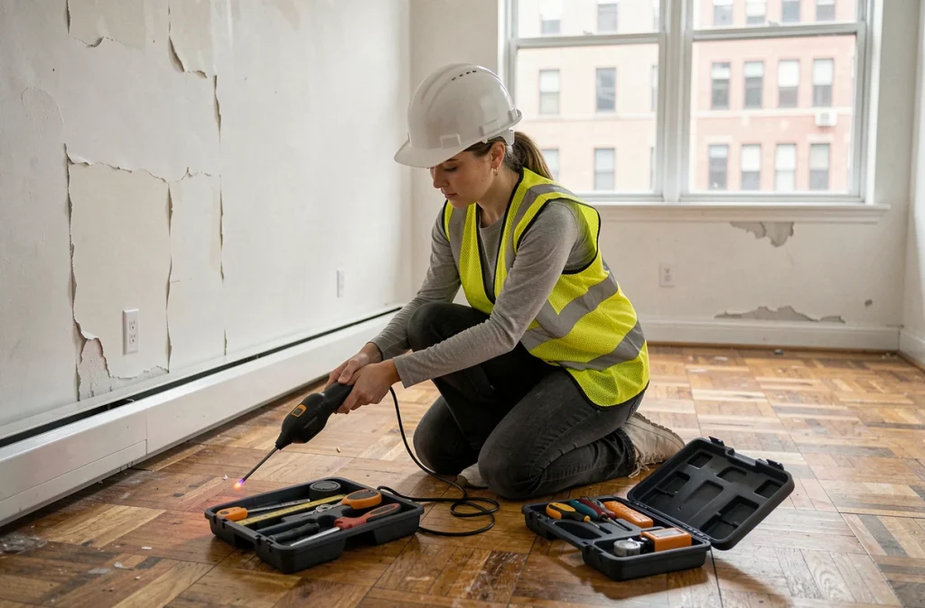 Diagnostiqueure immobilière mesurant l'humidité du parquet dans un appartement vide avant une vente