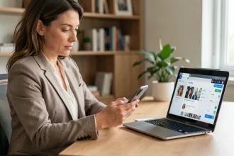 Femme utilisant simultanément un smartphone et un ordinateur portable pour accéder à un site de rencontres haut de gamme depuis son bureau à domicile