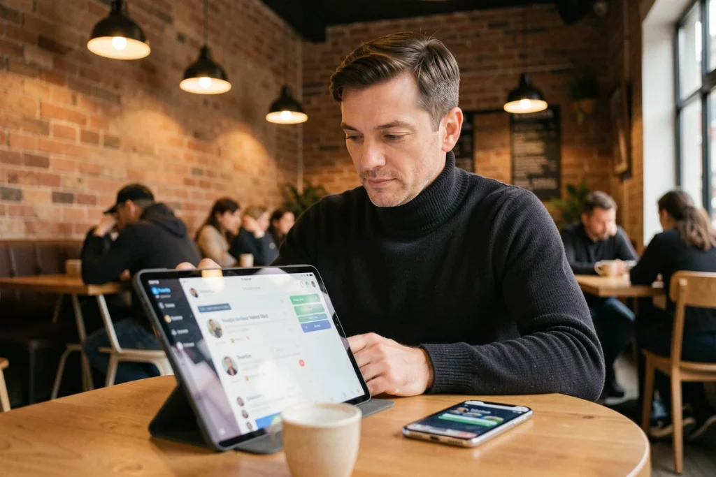 Homme consultant son profil de rencontre élite sur une tablette et un smartphone dans un café urbain moderne
