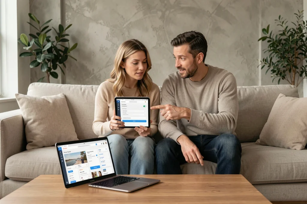 Couple explorant les fonctionnalités de connexion multi-appareils d'une plateforme de rencontres haut de gamme dans un salon moderne