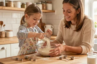 Une petite fille de 7 ans verse de la farine dans un saladier aidée par sa mère dans une cuisine familiale chaleureuse