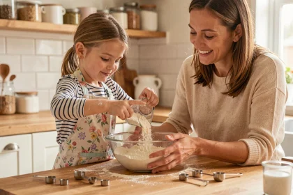 Une petite fille de 7 ans verse de la farine dans un saladier aidée par sa mère dans une cuisine familiale chaleureuse