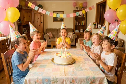 Groupe d'enfants joyeux autour d'un gâteau d'anniversaire lors d'une fête à la maison