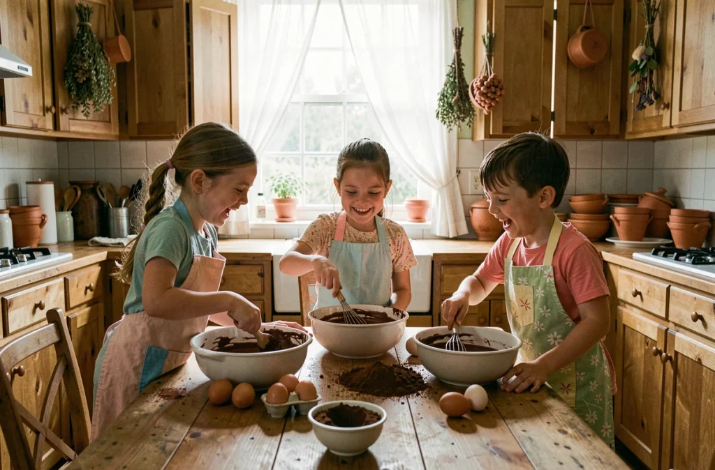 Trois enfants en tabliers colorés préparent ensemble un gâteau au chocolat dans une cuisine familiale rustique