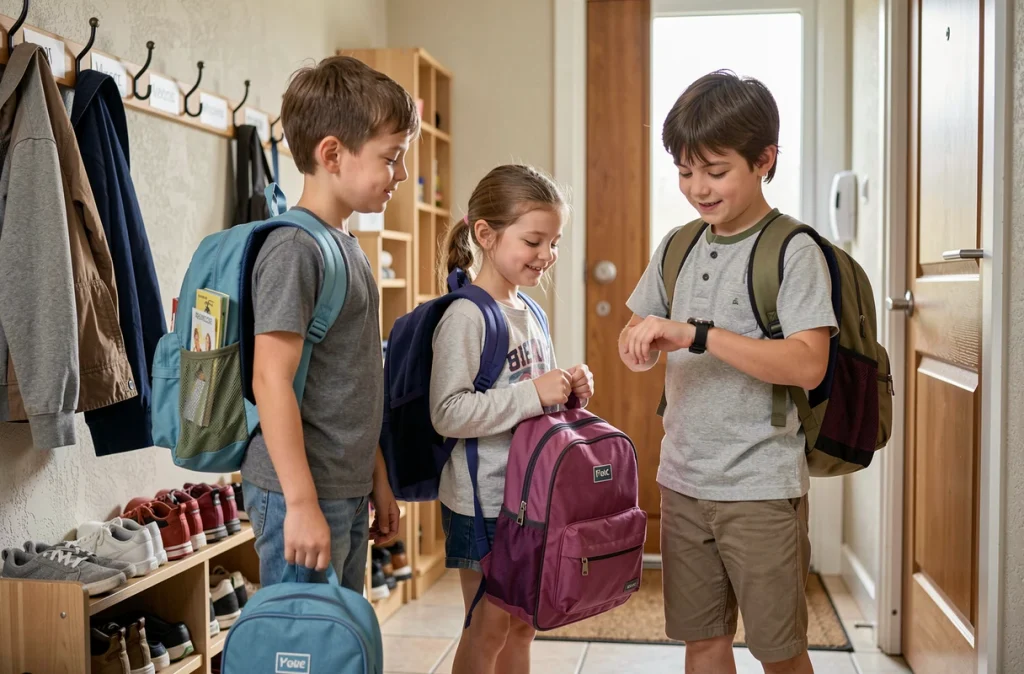 Trois enfants d'âges différents prêts pour la rentrée scolaire dans un couloir d'entrée bien organisé