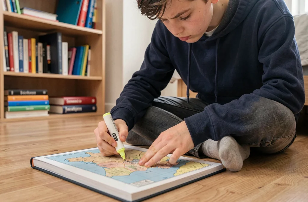 Adolescent annotant une carte de France imprimée avec un surligneur sur le sol de sa chambre