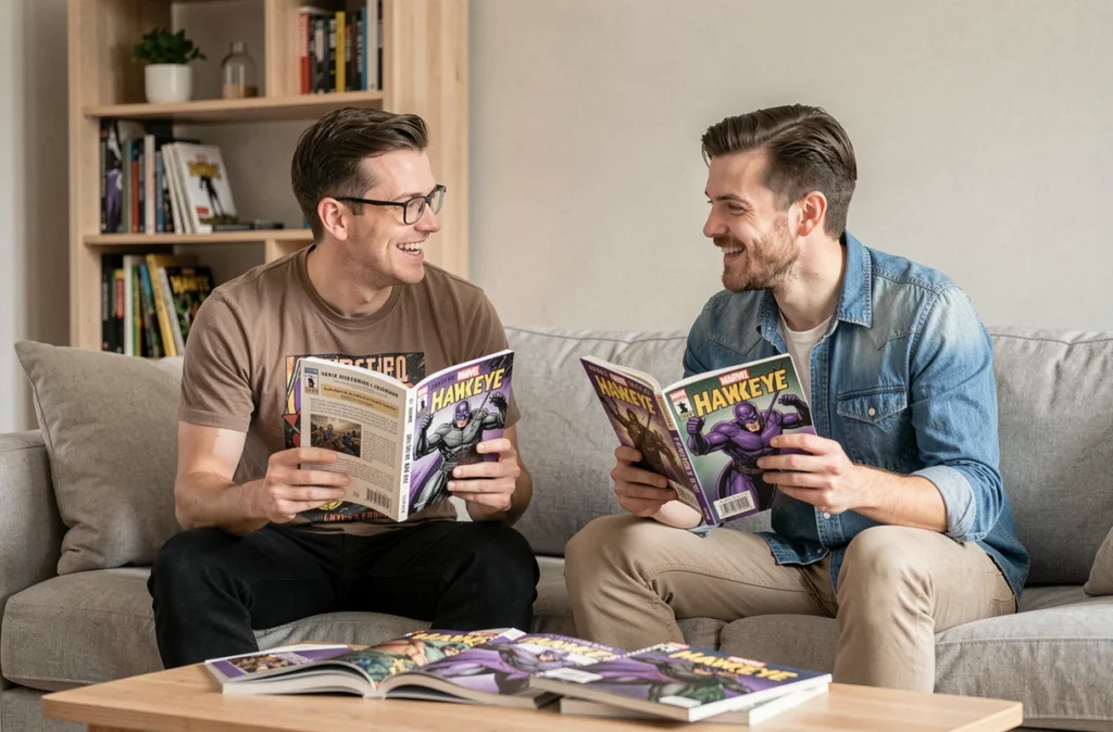 Deux fans de comics Marvel discutant des aventures de Clint Barton Hawkeye dans un appartement moderne