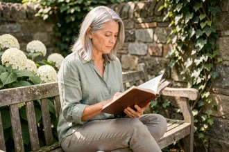 Femme contemplative dans un jardin tenant un carnet ouvert avec une citation spirituelle manuscrite
