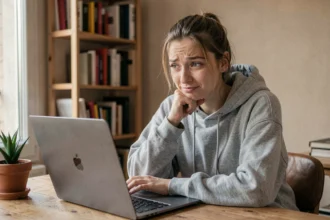 Jeune femme française confuse devant son ordinateur portable en lisant un mème internet incompréhensible