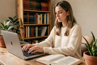 Femme consultant une grammaire française pour apprendre la conjugaison du verbe envoyer à son bureau