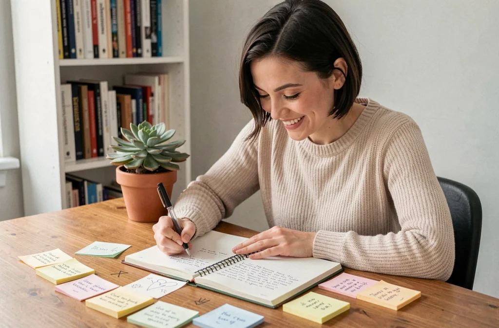 Jeune femme souriante qui écrit des jeux de mots sur des prénoms dans un carnet à son bureau