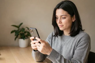 Femme tenant un iPhone 16e dans un bureau à domicile moderne, vue en plan rapproché sur ses mains et l'écran du téléphone